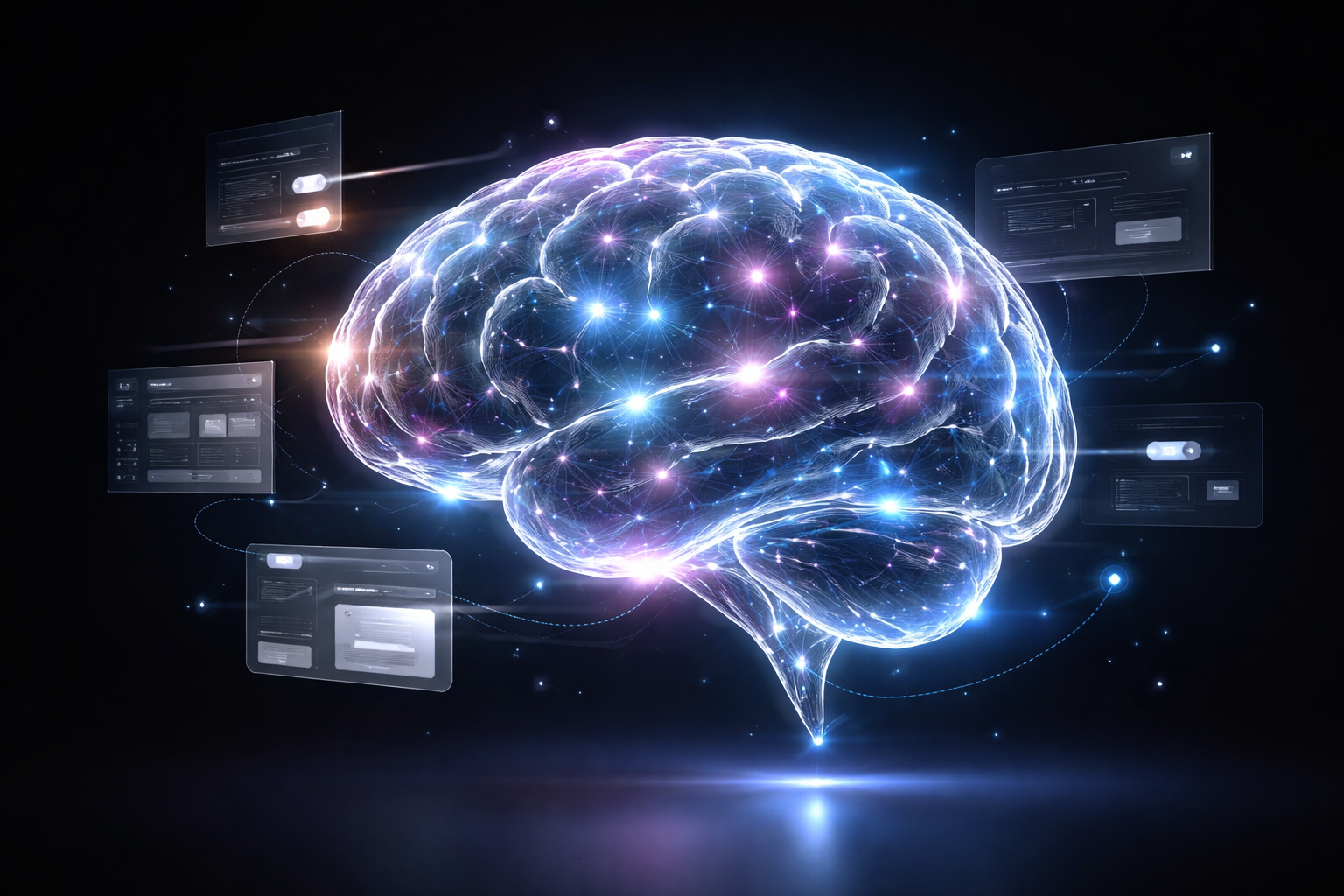 Futuristic semi-transparent human brain with glowing neural connections, surrounded by floating UI/UX wireframe elements and holographic interfaces, representing cognitive design and human-centered user experience.